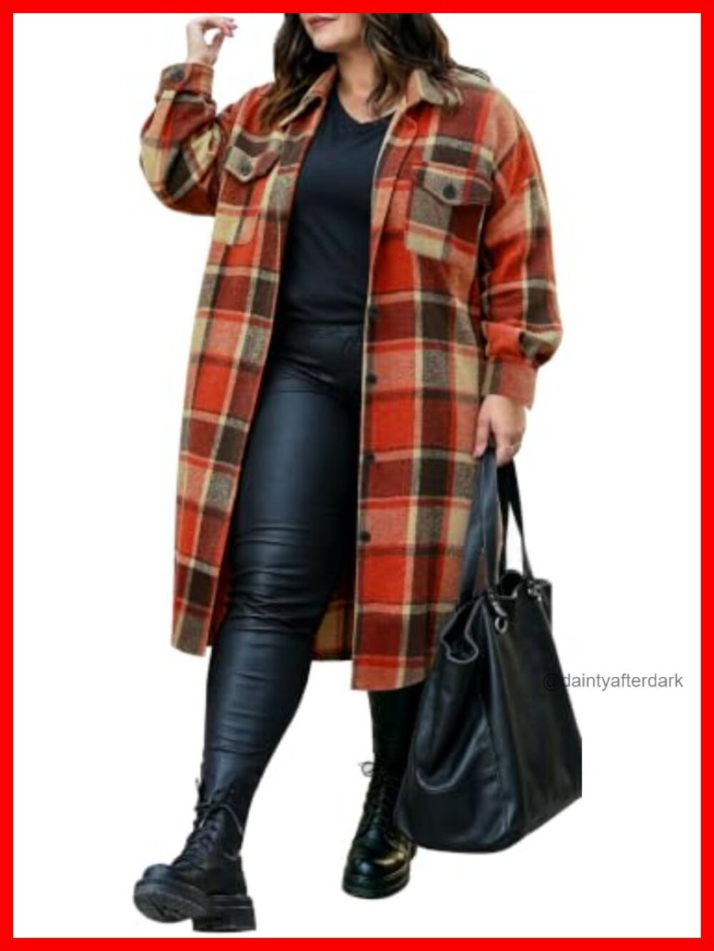 Plus Size Flannel Plaid Button Down Shacket Midi Knee Length Long Sleeve